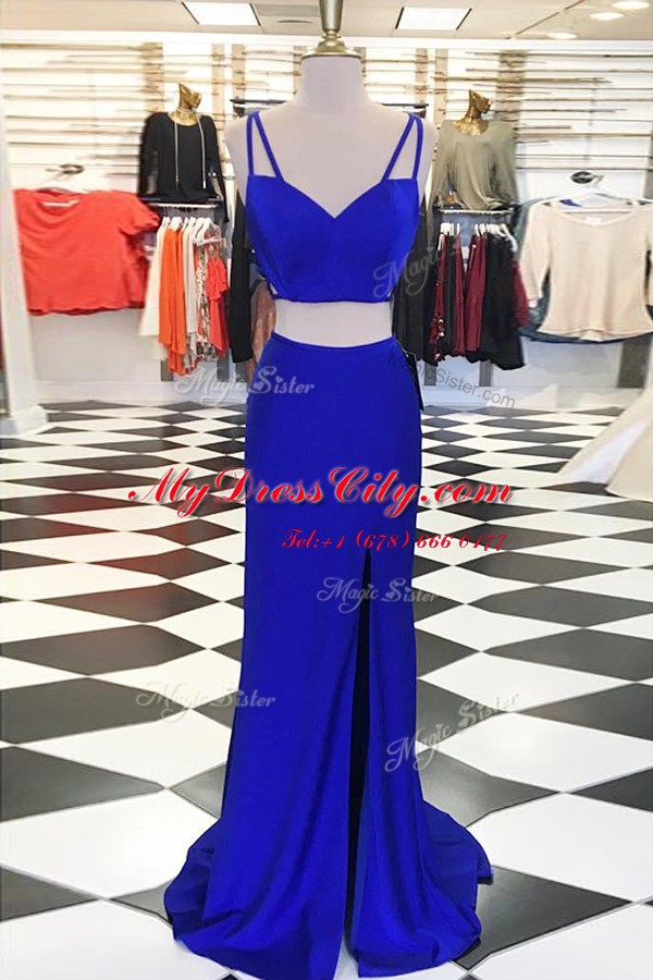 Sophisticated Sweep Train Column/Sheath Evening Dress Royal Blue Scoop Elastic Woven Satin Sleeveless With Train Zipper