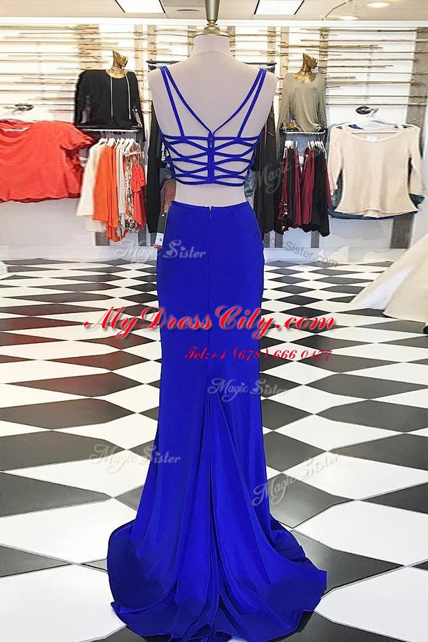 Sophisticated Sweep Train Column/Sheath Evening Dress Royal Blue Scoop Elastic Woven Satin Sleeveless With Train Zipper