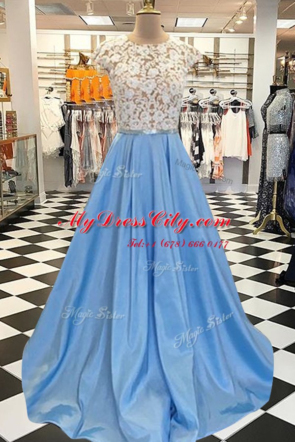 Blue Evening Dress Scoop Cap Sleeves Sweep Train Backless