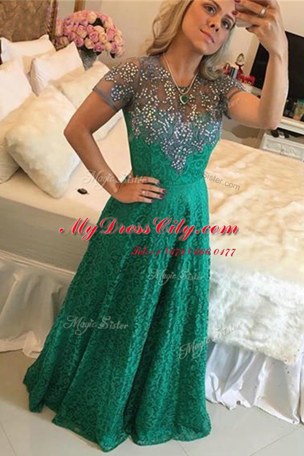 Scoop Short Sleeves Prom Evening Gown Floor Length Beading Green Lace