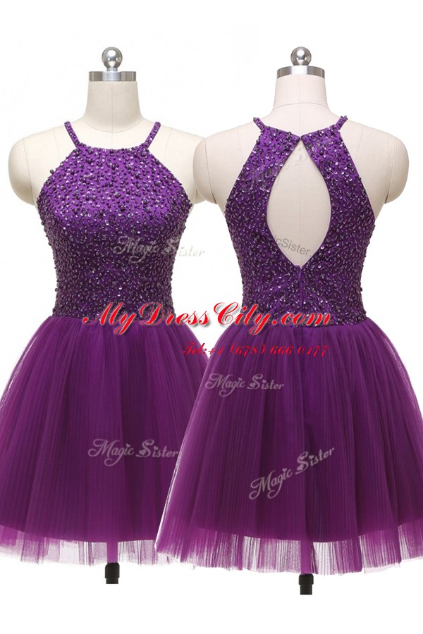 Luxury Sequins Mini Length Purple Prom Evening Gown Scoop Sleeveless Zipper