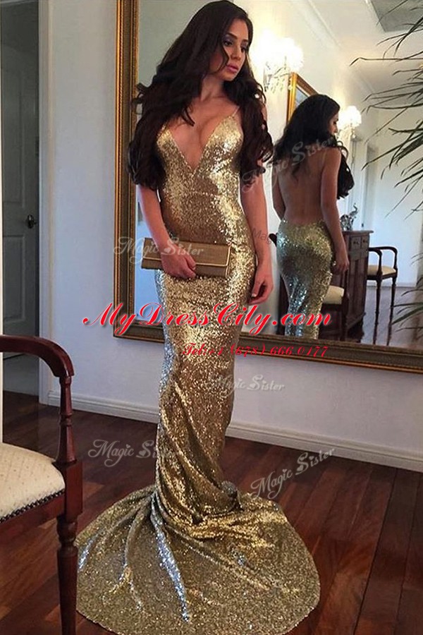 Mermaid Gold Sequined Backless Juniors Evening Dress Sleeveless With Train Sweep Train Sequins