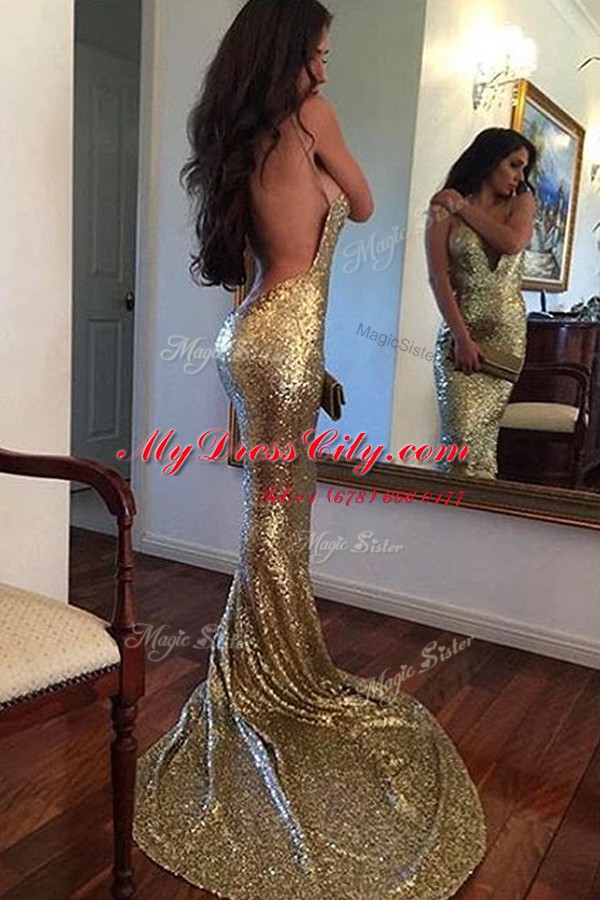 Mermaid Gold Sequined Backless Juniors Evening Dress Sleeveless With Train Sweep Train Sequins