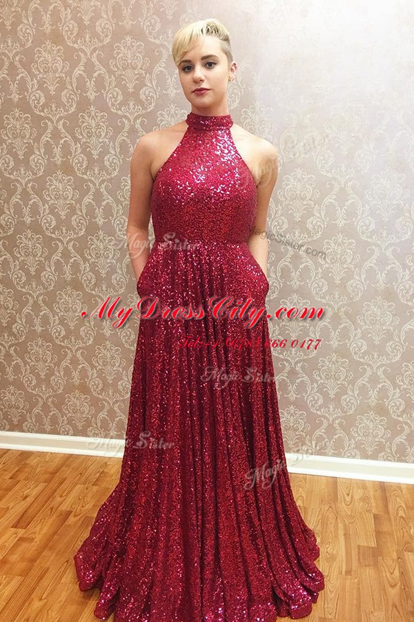 Halter Top Sequins Floor Length A-line Sleeveless Wine Red Prom Gown Zipper