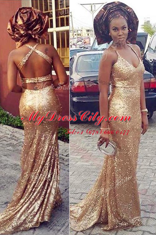 Halter Top Sleeveless Sequined With Brush Train Criss Cross Evening Dress in Gold with Sequins