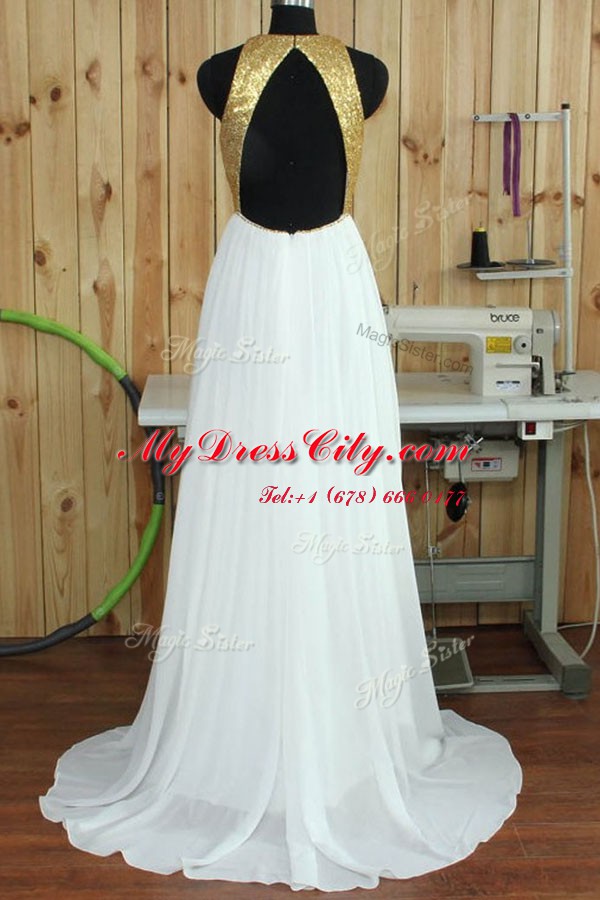 Dazzling White Scoop Backless Sequins Dress for Prom Sweep Train Sleeveless