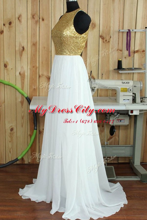 Dazzling White Scoop Backless Sequins Dress for Prom Sweep Train Sleeveless