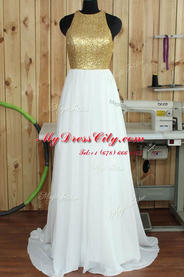 Dazzling White Scoop Backless Sequins Dress for Prom Sweep Train Sleeveless