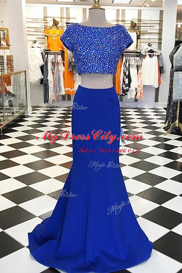 Custom Fit Short Sleeves Sweep Train Beading Zipper Prom Gown