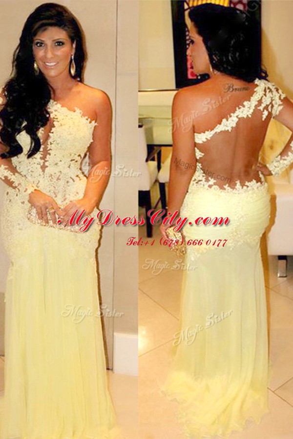 Inexpensive One Shoulder Long Sleeves Side Zipper Prom Party Dress Light Yellow Chiffon