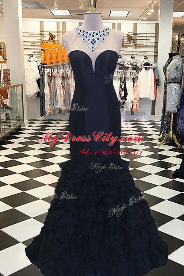 Free and Easy Scoop Black Mermaid Beading Prom Dresses Side Zipper Elastic Woven Satin Sleeveless