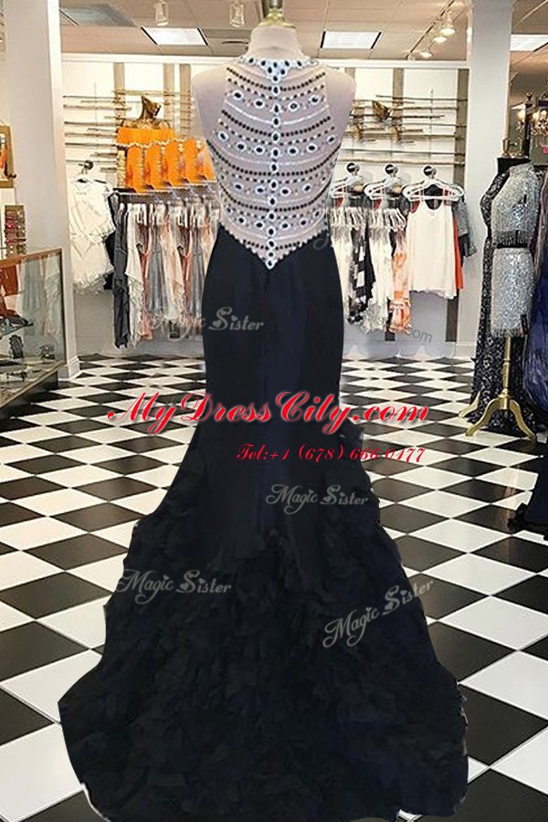 Free and Easy Scoop Black Mermaid Beading Prom Dresses Side Zipper Elastic Woven Satin Sleeveless