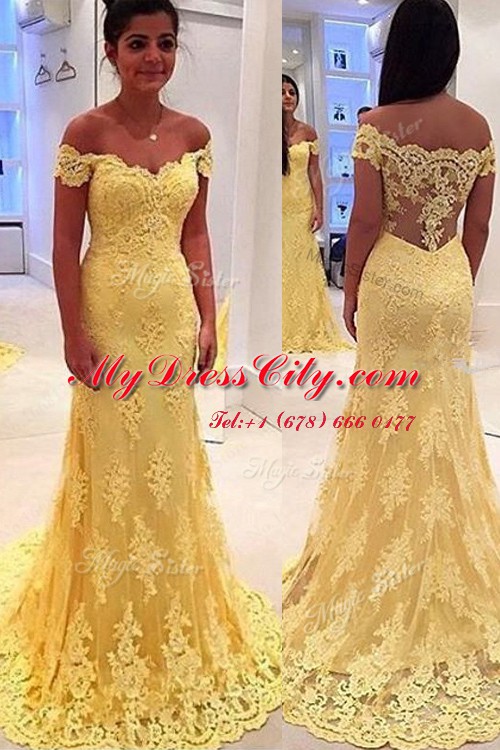 Superior Off the Shoulder Sleeveless Brush Train Lace Side Zipper Prom Evening Gown