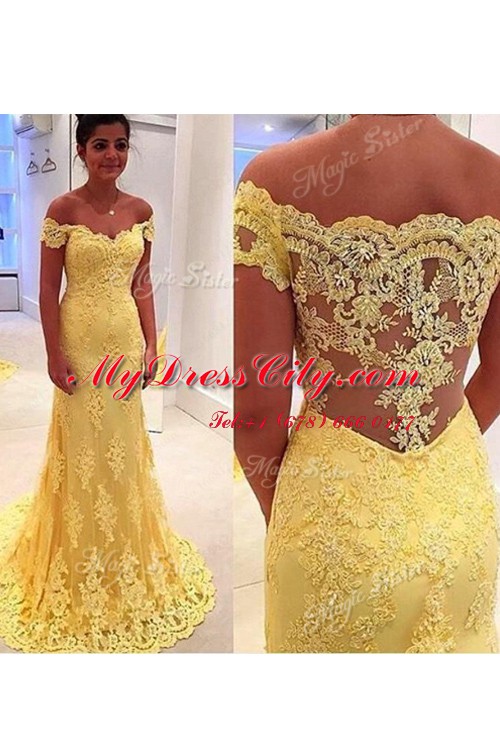 Superior Off the Shoulder Sleeveless Brush Train Lace Side Zipper Prom Evening Gown