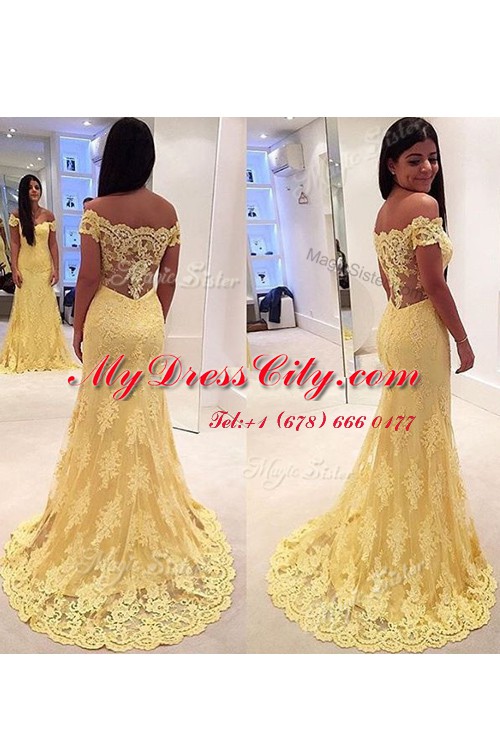 Superior Off the Shoulder Sleeveless Brush Train Lace Side Zipper Prom Evening Gown