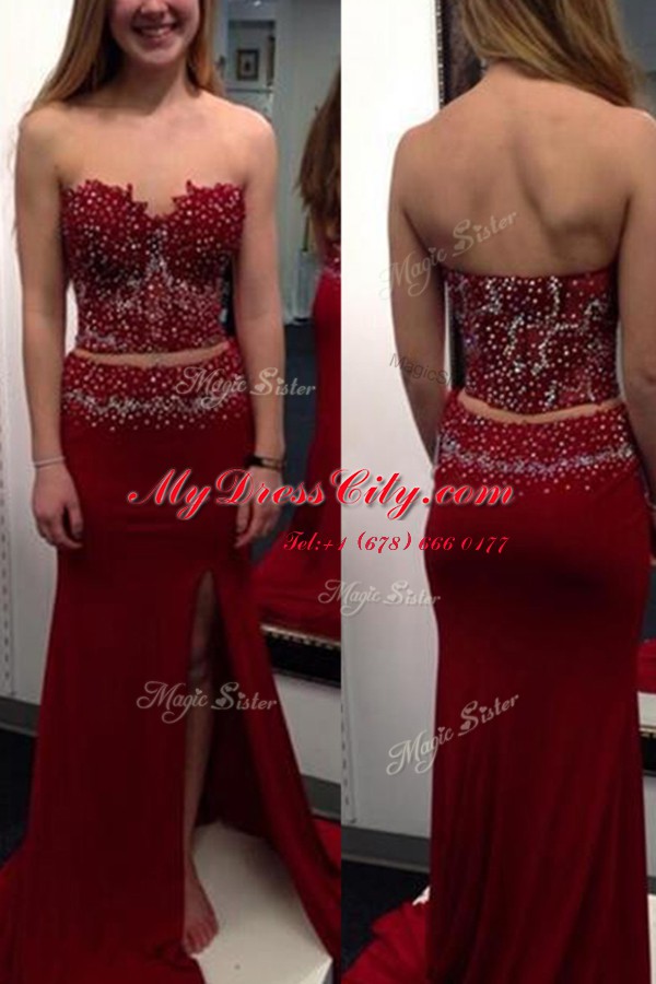 Hot Selling Wine Red Elastic Woven Satin Side Zipper Dress for Prom Sleeveless With Train Sweep Train Beading