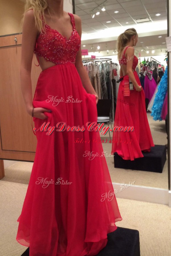 Charming Red V-neck Backless Beading Evening Dress Sleeveless