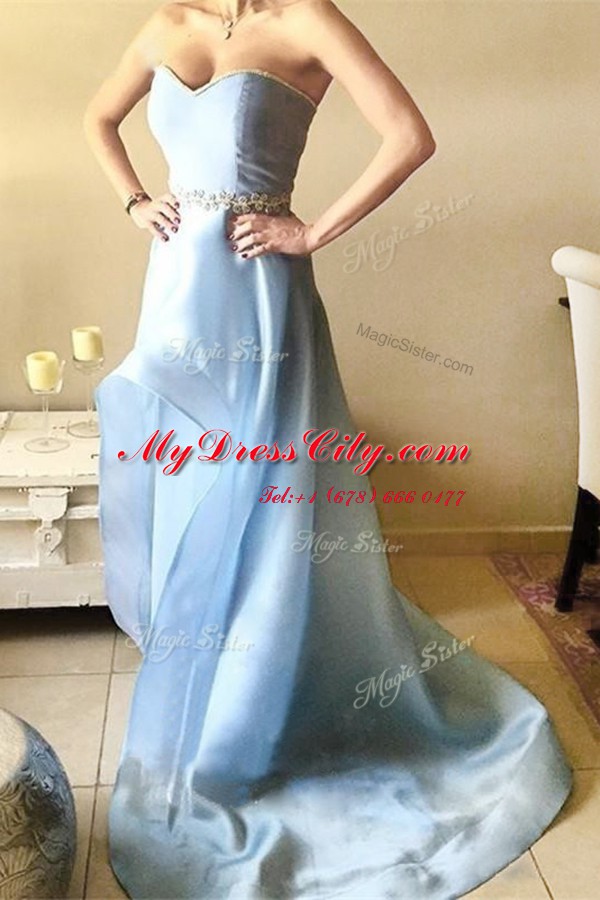 Light Blue A-line Organza Sweetheart Sleeveless Beading Asymmetrical Zipper Dress for Prom