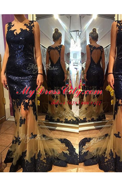 High Class Scalloped Sleeveless With Train Sequins Backless Evening Dress with Navy Blue Brush Train