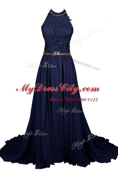 Navy Blue A-line Chiffon and Lace Halter Top Sleeveless Beading Floor Length Zipper Prom Dress