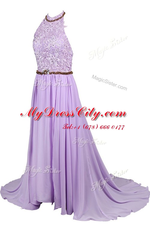 Navy Blue A-line Chiffon and Lace Halter Top Sleeveless Beading Floor Length Zipper Prom Dress