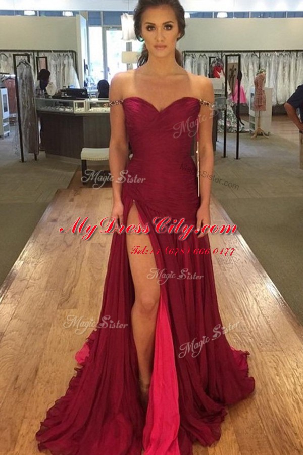 Inexpensive Burgundy Zipper Off The Shoulder Beading and Pleated Evening Dress Chiffon Sleeveless Sweep Train