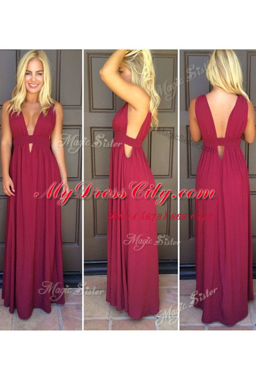 Flirting V-neck Sleeveless Side Zipper Prom Dresses Burgundy Elastic Woven Satin