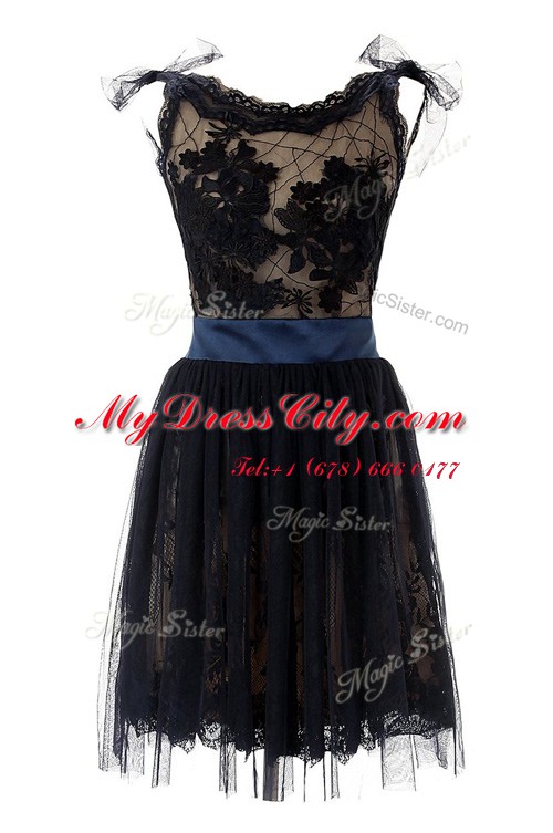 Scoop Knee Length A-line Sleeveless Black Prom Gown Backless