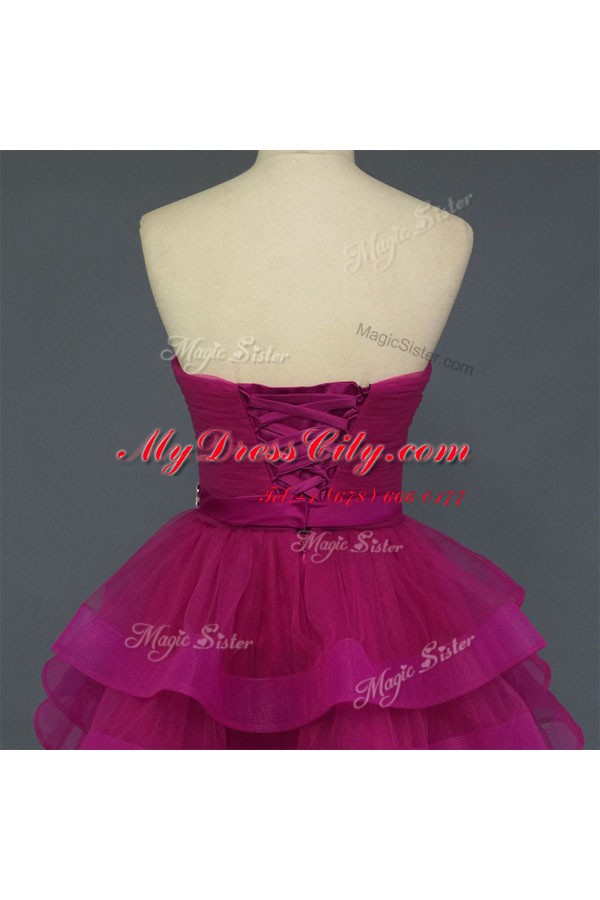 Super Fuchsia Sleeveless Knee Length Beading and Ruffled Layers Lace Up Prom Dresses