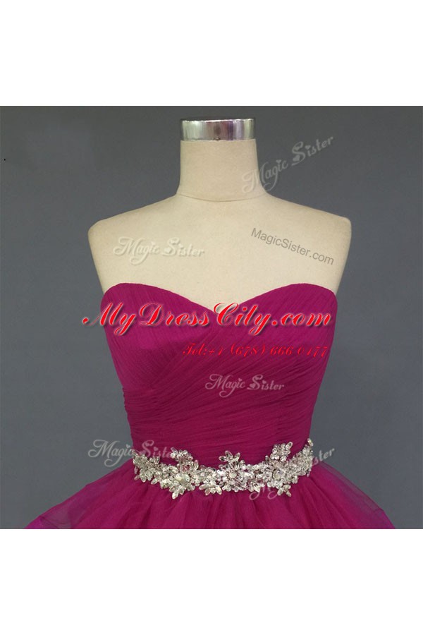 Super Fuchsia Sleeveless Knee Length Beading and Ruffled Layers Lace Up Prom Dresses