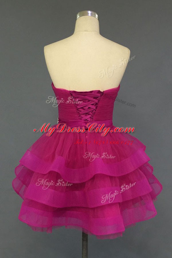 Super Fuchsia Sleeveless Knee Length Beading and Ruffled Layers Lace Up Prom Dresses