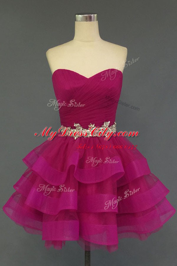 Super Fuchsia Sleeveless Knee Length Beading and Ruffled Layers Lace Up Prom Dresses