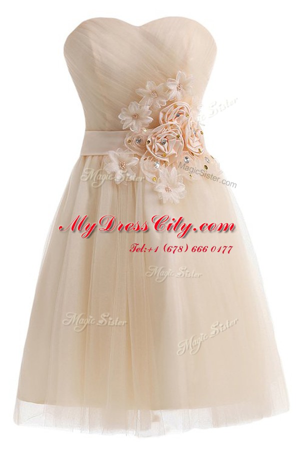 Champagne Sleeveless Knee Length Beading and Hand Made Flower Lace Up Prom Gown