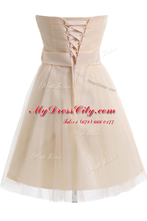 Champagne Sleeveless Knee Length Beading and Hand Made Flower Lace Up Prom Gown