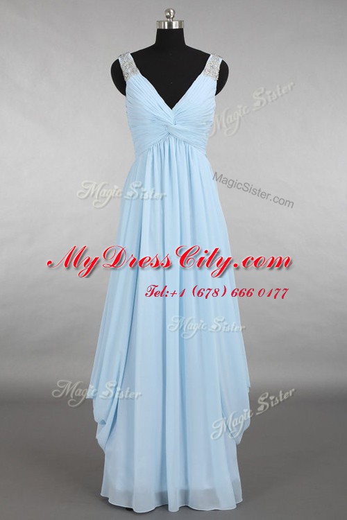 Chiffon V-neck Sleeveless Zipper Beading Prom Dress in Light Blue