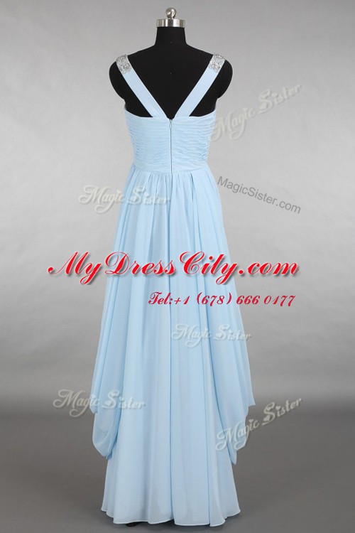 Chiffon V-neck Sleeveless Zipper Beading Prom Dress in Light Blue