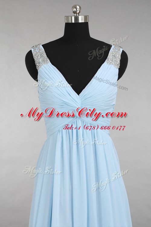 Chiffon V-neck Sleeveless Zipper Beading Prom Dress in Light Blue