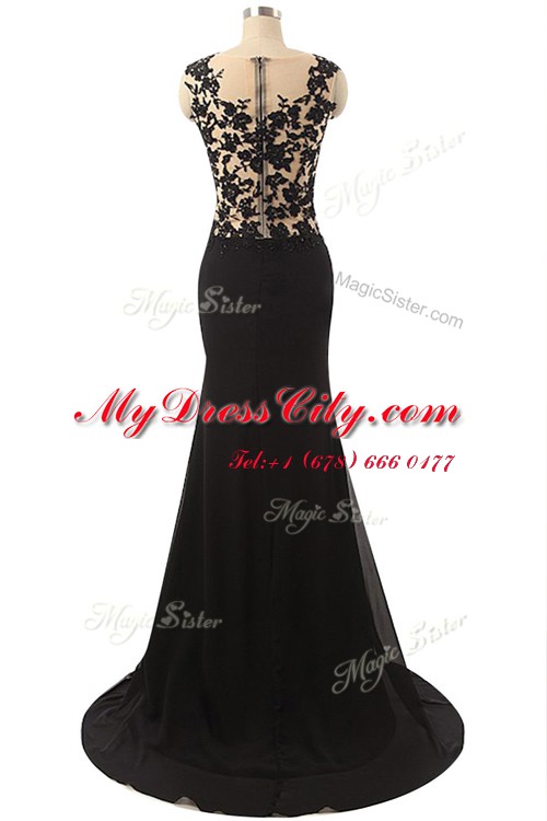 Captivating Mermaid Chiffon Scoop Sleeveless Zipper Lace Prom Evening Gown in Black