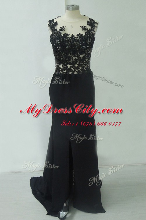 Captivating Mermaid Chiffon Scoop Sleeveless Zipper Lace Prom Evening Gown in Black