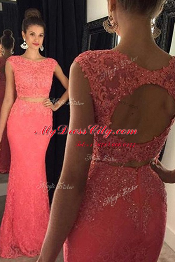 Beautiful Mermaid Lace Watermelon Red Sleeveless Sweep Train Beading and Appliques With Train Evening Dress