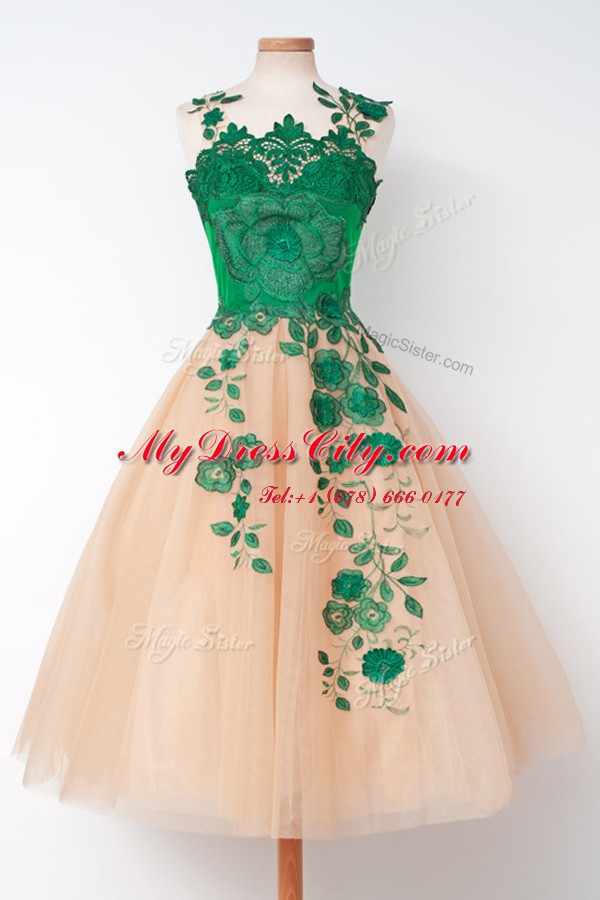 Dazzling Multi-color A-line Tulle Scalloped Sleeveless Embroidery Tea Length Zipper Prom Evening Gown