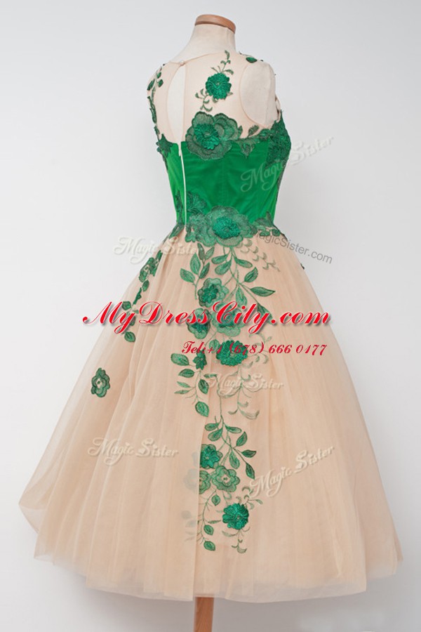 Dazzling Multi-color A-line Tulle Scalloped Sleeveless Embroidery Tea Length Zipper Prom Evening Gown