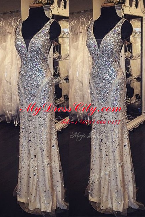 Cheap Floor Length Zipper Prom Evening Gown Champagne for Prom and Party with Beading