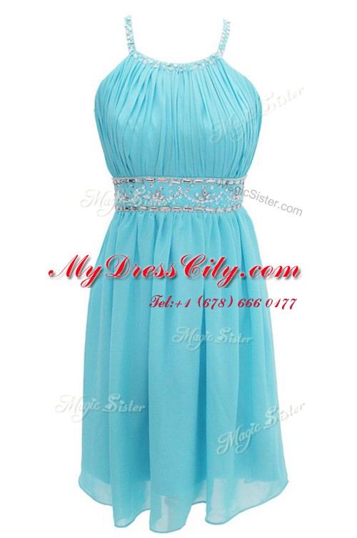 High Class Halter Top Aqua Blue Criss Cross Homecoming Dress Beading Sleeveless Knee Length