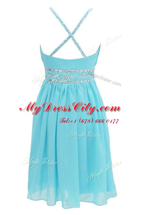 High Class Halter Top Aqua Blue Criss Cross Homecoming Dress Beading Sleeveless Knee Length