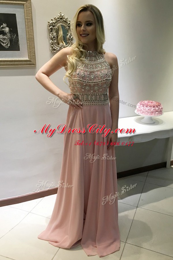 Fantastic Scoop Sleeveless Sweep Train Beading Backless Dress for Prom