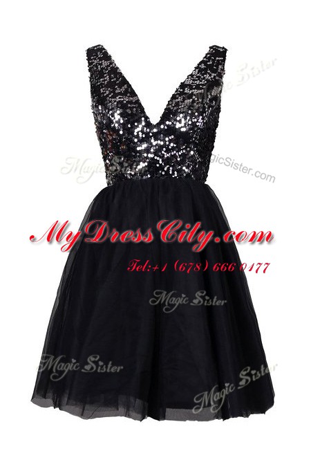 Sleeveless Tulle Knee Length Backless in Black with Sequins