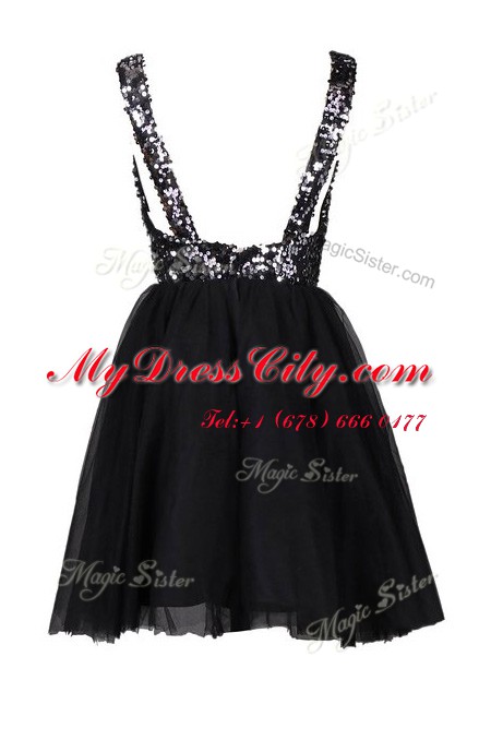 Sleeveless Tulle Knee Length Backless in Black with Sequins