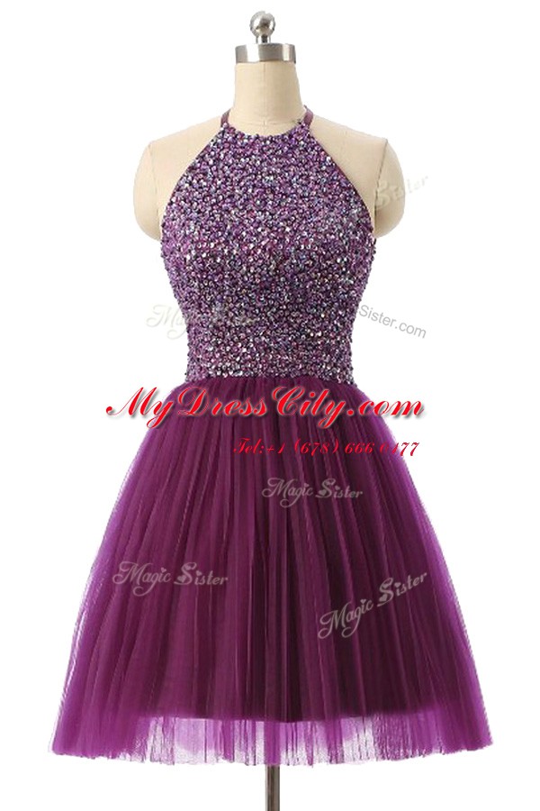 Halter Top Purple Sleeveless Knee Length Sequins Zipper Dress for Prom