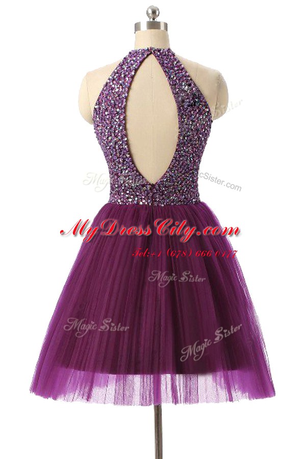 Halter Top Purple Sleeveless Knee Length Sequins Zipper Dress for Prom